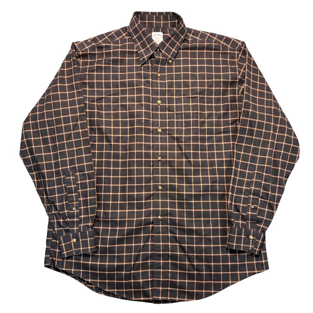 Brooks Brothers 346 Mens Large Brown Check Non-Iron Cotton Button Down Shirt